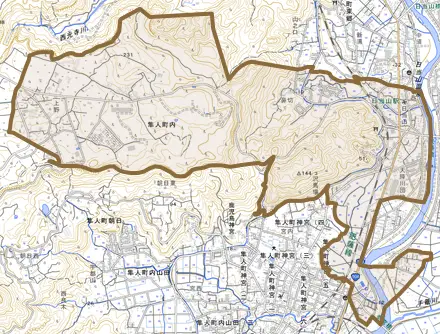 隼人町内とその周辺の地図。町の範囲を重ねている