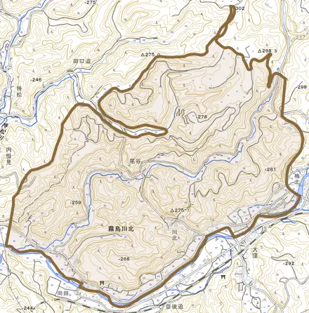 霧島川北とその周辺の地図。町の範囲を重ねている