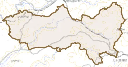 霧島永水とその周辺の地図。町の範囲を重ねている