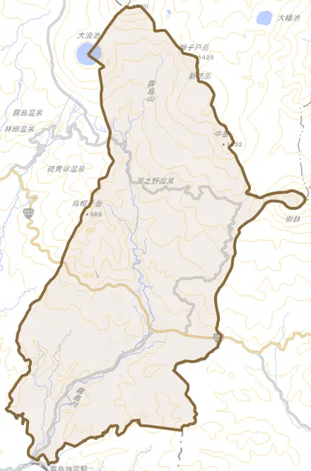 霧島田口とその周辺の地図。町の範囲を重ねている