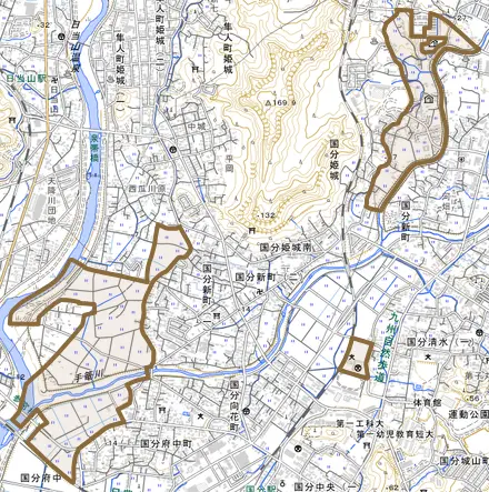 国分府中とその周辺の地図。町の範囲を重ねている