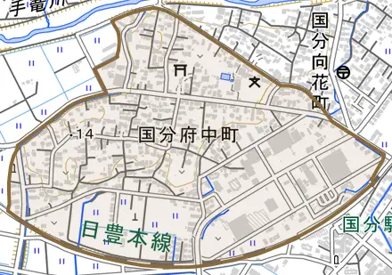 国分府中町とその周辺の地図。町の範囲を重ねている