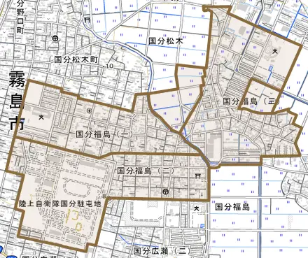 国分福島とその周辺の地図。町の範囲を重ねている
