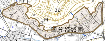 国分姫城南とその周辺の地図。町の範囲を重ねている