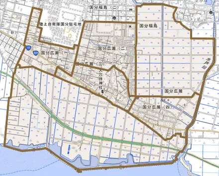 国分広瀬とその周辺の地図。町の範囲を重ねている