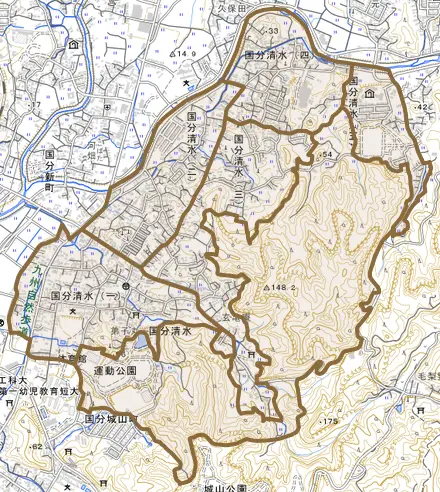 国分清水とその周辺の地図。町の範囲を重ねている