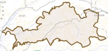 国分郡田とその周辺の地図。町の範囲を重ねている