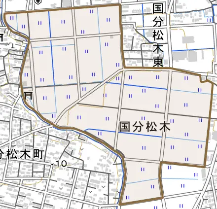 国分松木とその周辺の地図。町の範囲を重ねている