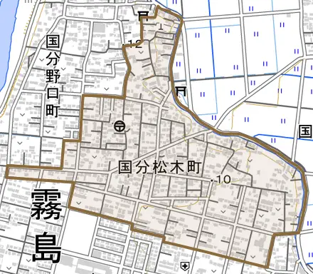 国分松木町とその周辺の地図。町の範囲を重ねている