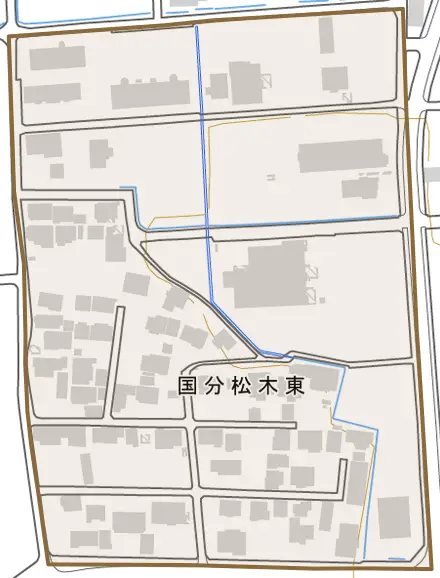 国分松木東とその周辺の地図。町の範囲を重ねている