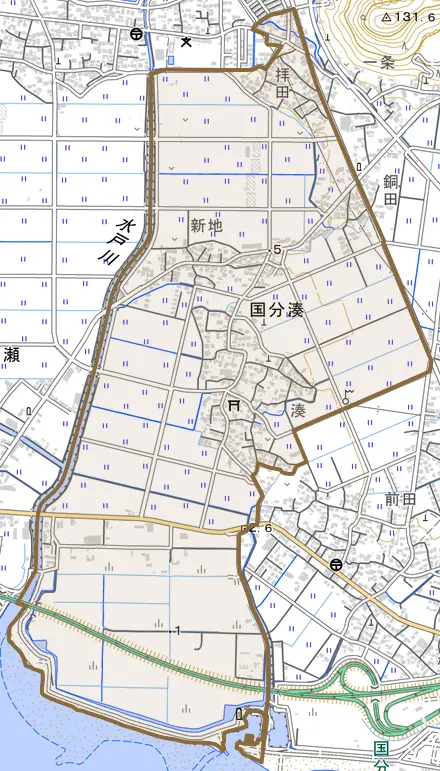 国分湊とその周辺の地図。町の範囲を重ねている