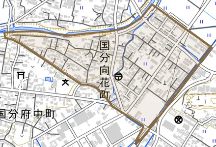 国分向花町とその周辺の地図。町の範囲を重ねている