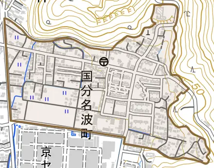 国分名波町とその周辺の地図。町の範囲を重ねている
