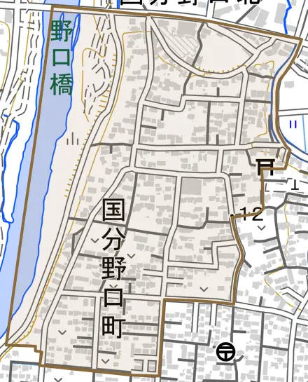 国分野口町とその周辺の地図。町の範囲を重ねている
