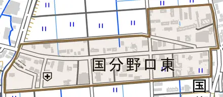 国分野口東とその周辺の地図。町の範囲を重ねている