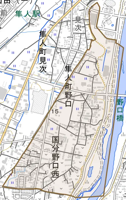 国分野口西とその周辺の地図。町の範囲を重ねている