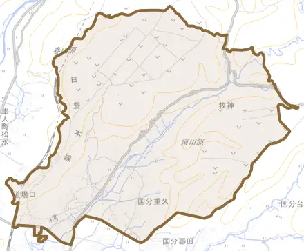 国分重久とその周辺の地図。町の範囲を重ねている