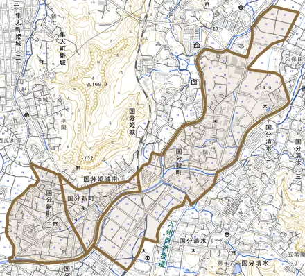 国分新町とその周辺の地図。町の範囲を重ねている