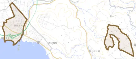 国分下井とその周辺の地図。町の範囲を重ねている