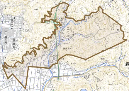 国分上井とその周辺の地図。町の範囲を重ねている