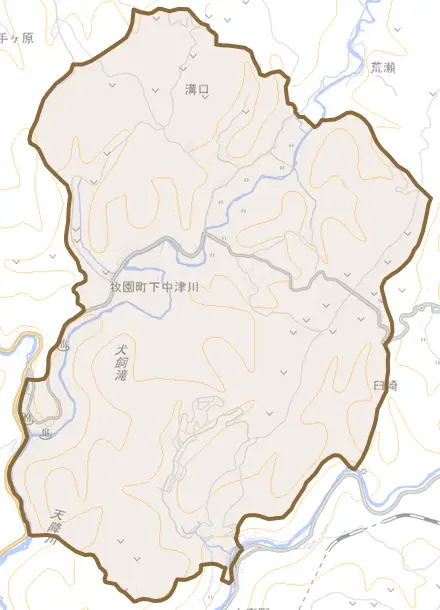 牧園町下中津川とその周辺の地図。町の範囲を重ねている