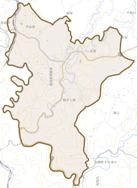 牧園町宿窪田とその周辺の地図。町の範囲を重ねている