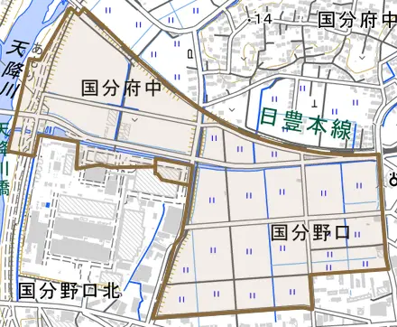 国分野口とその周辺の地図。町の範囲を重ねている