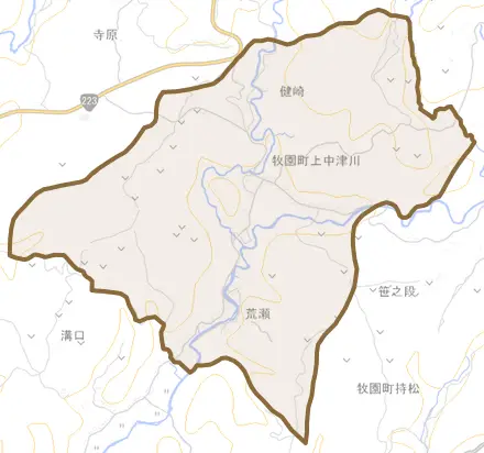 牧園町上中津川とその周辺の地図。町の範囲を重ねている
