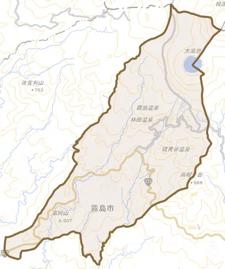 牧園町高千穂とその周辺の地図。町の範囲を重ねている