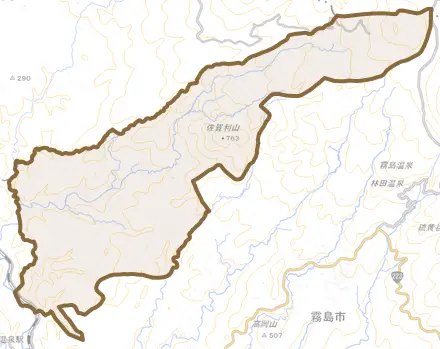 牧園町万膳とその周辺の地図。町の範囲を重ねている
