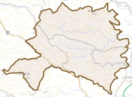 横川町上ノとその周辺の地図。町の範囲を重ねている