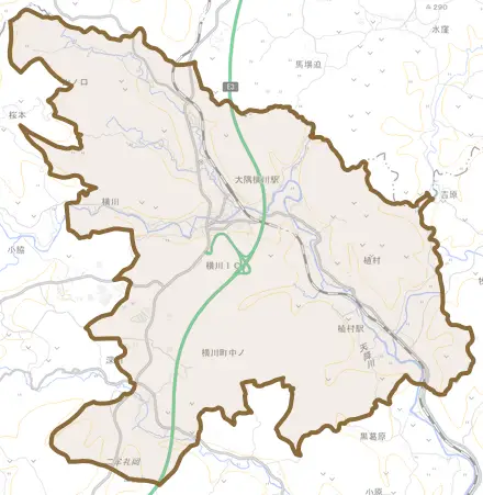 横川町中ノとその周辺の地図。町の範囲を重ねている