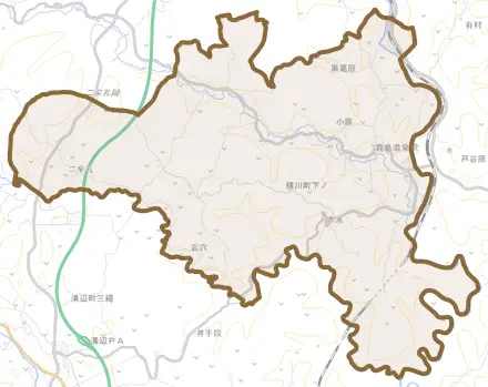 横川町下ノとその周辺の地図。町の範囲を重ねている