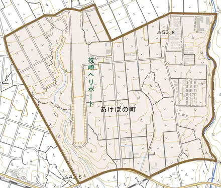 あけぼの町とその周辺の地図。町の範囲を重ねている