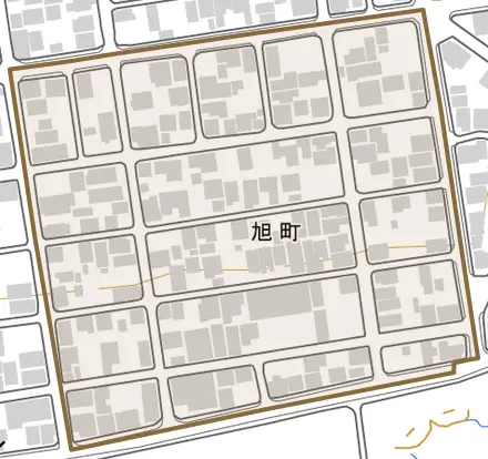 旭町とその周辺の地図。町の範囲を重ねている