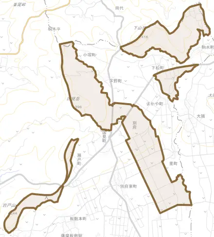 別府とその周辺の地図。町の範囲を重ねている