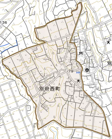 別府西町とその周辺の地図。町の範囲を重ねている