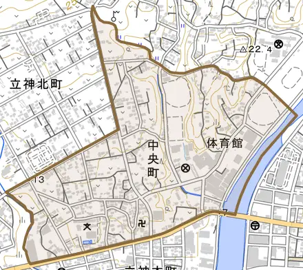 中央町とその周辺の地図。町の範囲を重ねている