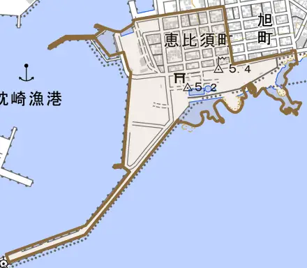 恵比須町とその周辺の地図。町の範囲を重ねている