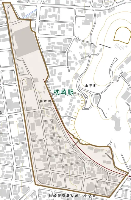東本町とその周辺の地図。町の範囲を重ねている