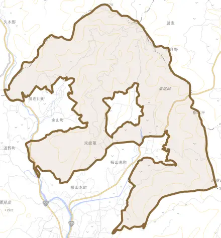 東鹿篭とその周辺の地図。町の範囲を重ねている