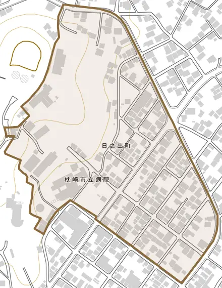 日之出町とその周辺の地図。町の範囲を重ねている