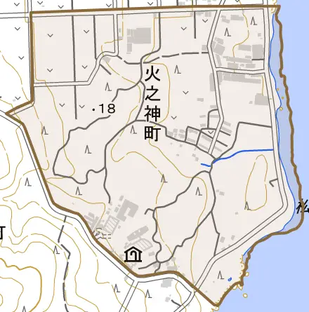 火之神町とその周辺の地図。町の範囲を重ねている