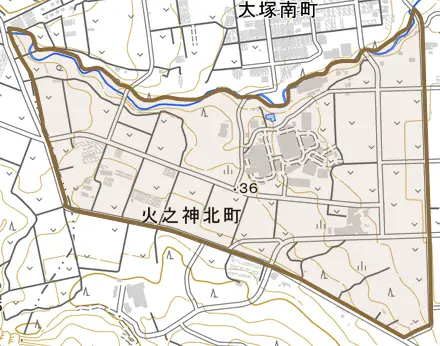 火之神北町とその周辺の地図。町の範囲を重ねている