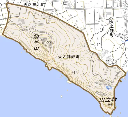 火之神岬町とその周辺の地図。町の範囲を重ねている