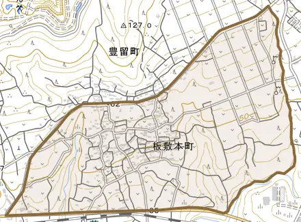 板敷本町とその周辺の地図。町の範囲を重ねている
