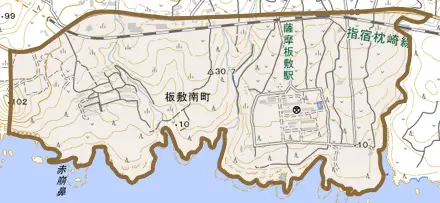 板敷南町とその周辺の地図。町の範囲を重ねている
