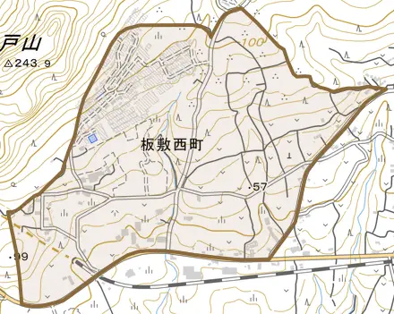 板敷西町とその周辺の地図。町の範囲を重ねている