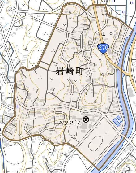 岩崎町とその周辺の地図。町の範囲を重ねている