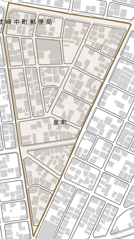 泉町とその周辺の地図。町の範囲を重ねている